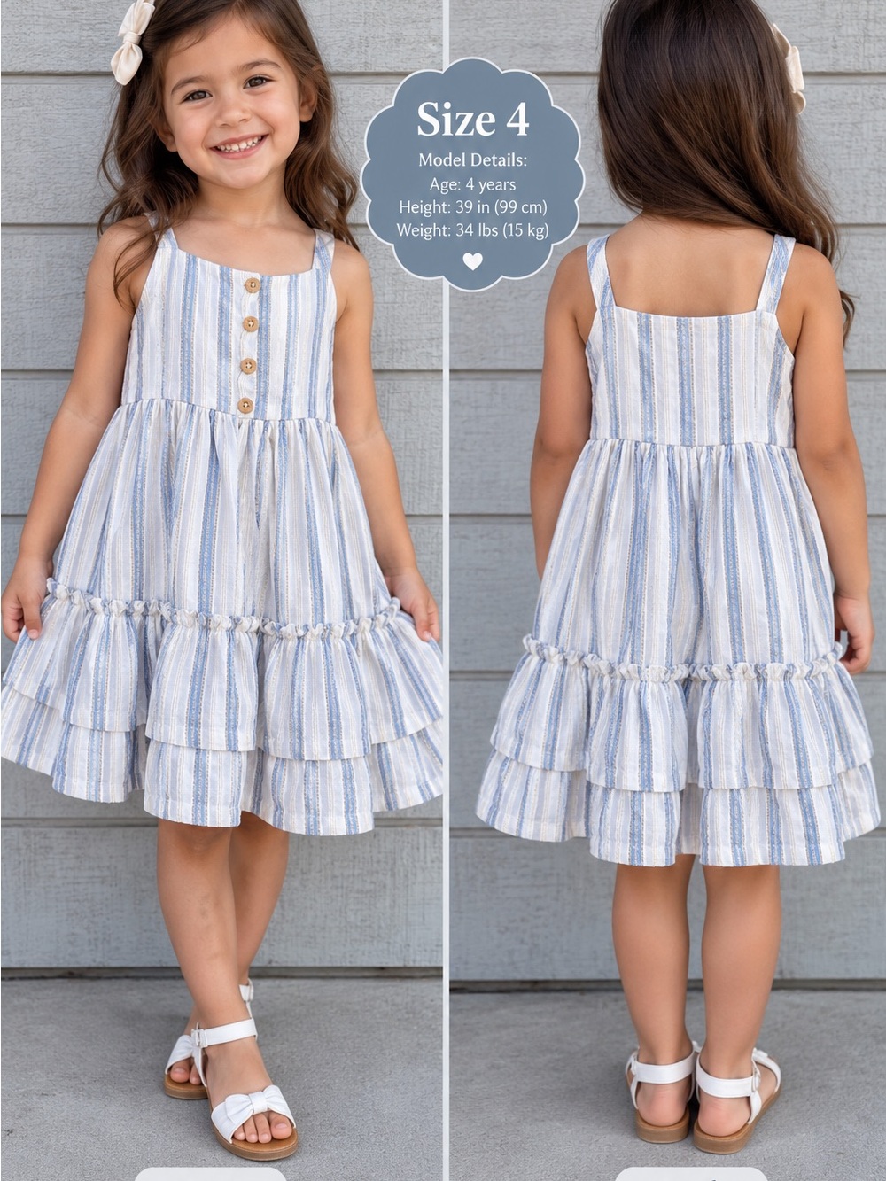 Female kids happily Grey Striped Tiered Sundress Button Front size 4